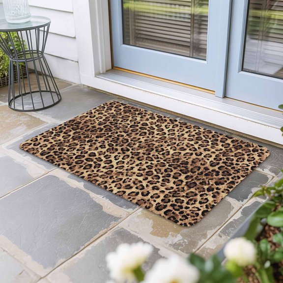 Leopard Printed Door Mat Indoor Outdoor, Modern Animals Textured Brown Non Slip Welcome Mat with Rubber Backing, Absorbent Fabric Front Door Mats Entryway Rug for Home Patio Entrance 16"x24"