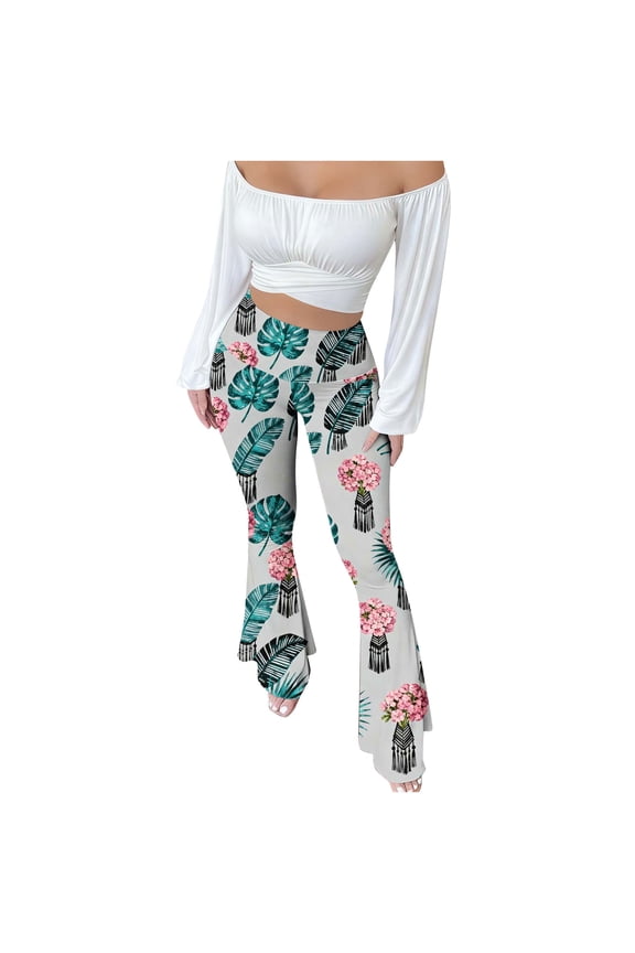 Leopard Printed Flare Pants for Women High Waist Bootcut Leggings Tummy Control Yoga Pants Elastic Wasited Sweatpants Gym Joggers Tall & Long Trousers Soft Bottoms Casual Legging