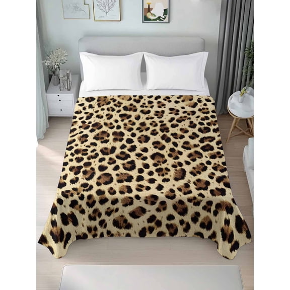 Leopard Printed Full Size Flat Sheet, Wrinkleproof & Fadeproof Cooling Flat Bed Sheet Only, Modern Animal Fur Patterns Breathable Soft Bedding Top Sheets 81 x 96 Inches