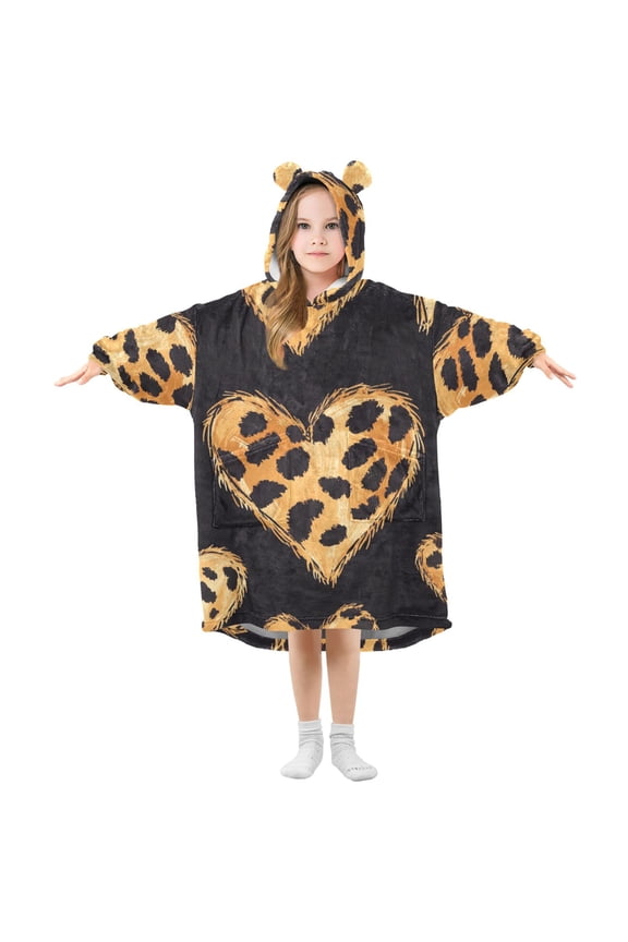 Leopard Printed Hearts Valentine Flannel Wearable Blankets Hooded Design Long Sleeves Wrap Unisex for 3T-14Y L
