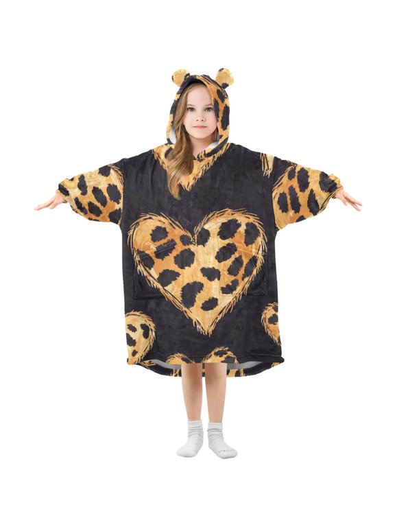 Leopard Printed Hearts Valentine Flannel Wearable Blankets Hooded Design Long Sleeves Wrap Unisex for 3T-14Y S