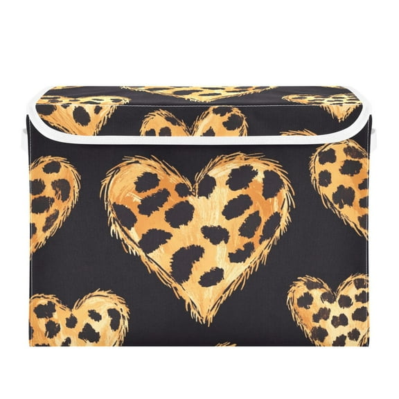 Leopard Printed Hearts Valentine Foldable Storage Bin with Lid and Handle Collapsible Storage Box 16.5 x 12.6 x 11.8 inches