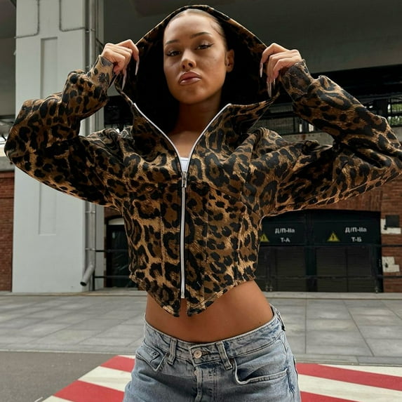 Leopard Printed Long Sleeve Zipper Hoodie (L, MultiBrown)