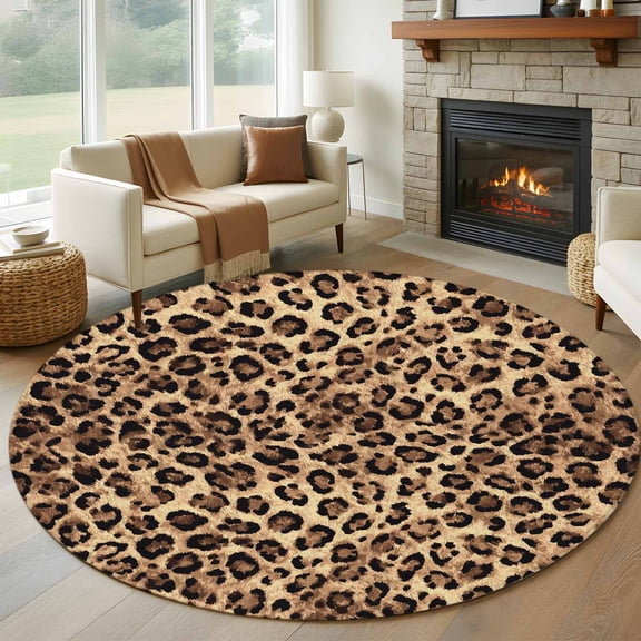 Leopard Printed Round Area Rug 5ft, Modern Animals Textured Brown Washable Non-Slip Circle Rugs for Bedroom Living Room Kitchen, Soft Low Pile Carpet for Dining Room Playroom Nursery
