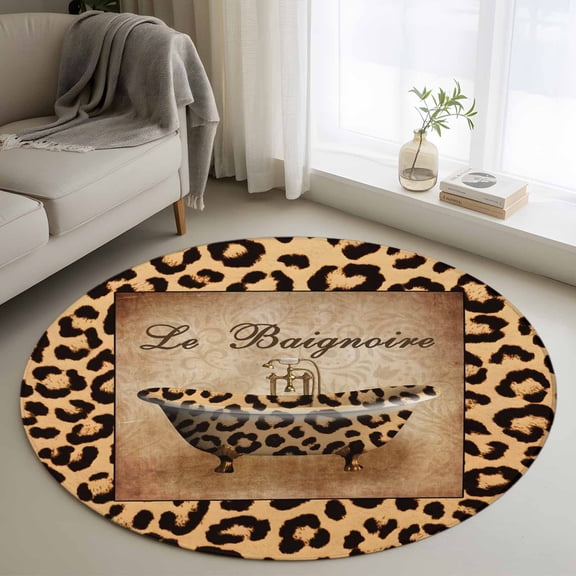 Leopard Printed Round Rug 3ft Washable Circle Entryway Rugs Non Slip Funny Animals Textured Bathtubs Area Rug Indoor Floor Carpet for Bedroom Kitchen Living Room Home Office Dining Room Nursery
