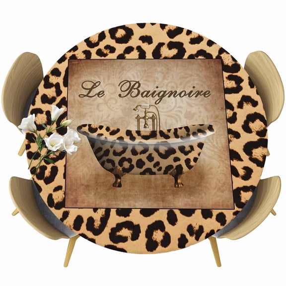 Leopard Printed Round Tablecloth, Fitted Table Cover with Elastic for 36"-44" Round Tables, Funny Animals Textured Bathtubs Table Cloth Outdoor Indoor Dinning Party Waterproof Tablecloths