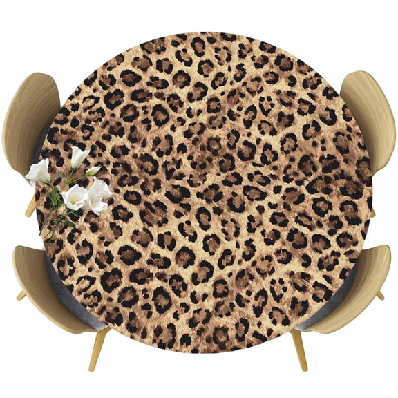 Leopard Printed Round Tablecloth, Fitted Table Cover with Elastic for 36"-44" Round Tables, Modern Animals Textured Brown Table Cloth Outdoor Indoor Dinning Party Waterproof Tablecloths