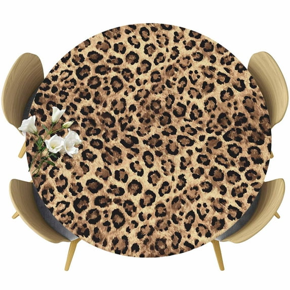 Leopard Printed Round Tablecloth, Fitted Table Cover with Elastic for 55"-60" Round Tables, Modern Animals Textured Brown Table Cloth Outdoor Indoor Dinning Party Waterproof Tablecloths