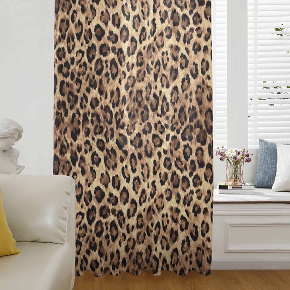 Leopard Printed Semi Sheer Curtains Drapes for Living Room, Bedroom, French Doors Window 54 Inches Long, Modern Animals Textured Brown Rod Pocket Chiffon Curtain Drapery Voile Draperies Panel