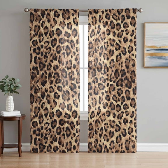 Leopard Printed Sheer Curtains 72 Inch Length 2 Panels Set, Modern Animals Textured Brown Voile Window Treatment Rod Pocket Curtains Sheers Drapes for Bedroom/Living Room/Kitchen 52"x72"x2