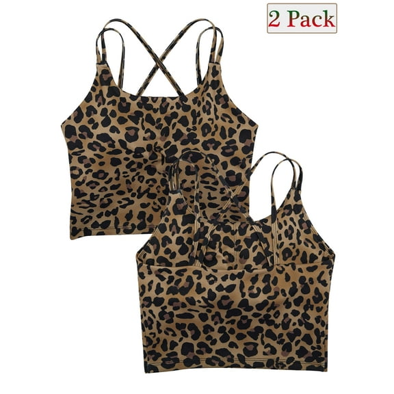 Leopard Printed Sports Bras for Women Yoga Cami Tops Crop Tank Tops with Built-in Bra Workout Light Support Yoga Bra Gym Tops Tube Vest, Plus Size XS-XL/2PCS