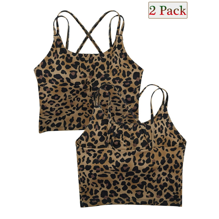 Leopard Printed Sports Bras for Women Yoga Cami Tops Crop Tank Tops with  Built-in Bra Workout Light Support Yoga Bra Gym Tops Tube Vest, Plus Size  XS-XL/2PCS 