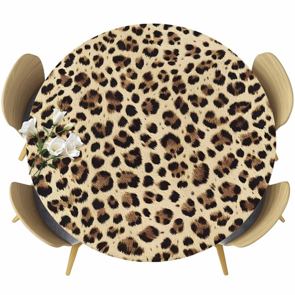 Leopard Printed Table Cloth, Round Fitted Tablecloths with Elastic Edge, Modern Animal Fur Patterns Wipeable Waterproof Table Cover for Kitchen Wedding 36-44 Inches