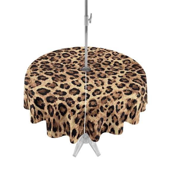 Leopard Printed Table Cloth Round Tablecloth, Modern Animals Textured Brown Waterproof Wrinkleproof Table Cover with Umbrella Hole and Zipper for Party/Dining/Patio/Wedding 54 Inch