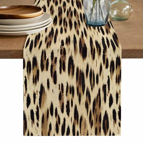 Leopard Printed Table Runner, Modern Animal Fur Patterns Washable Cotton Linen Table Runners 48 Inches Long, Dresser Scarf Runner for Nightstand/Coffee/End Tables 13''x48''