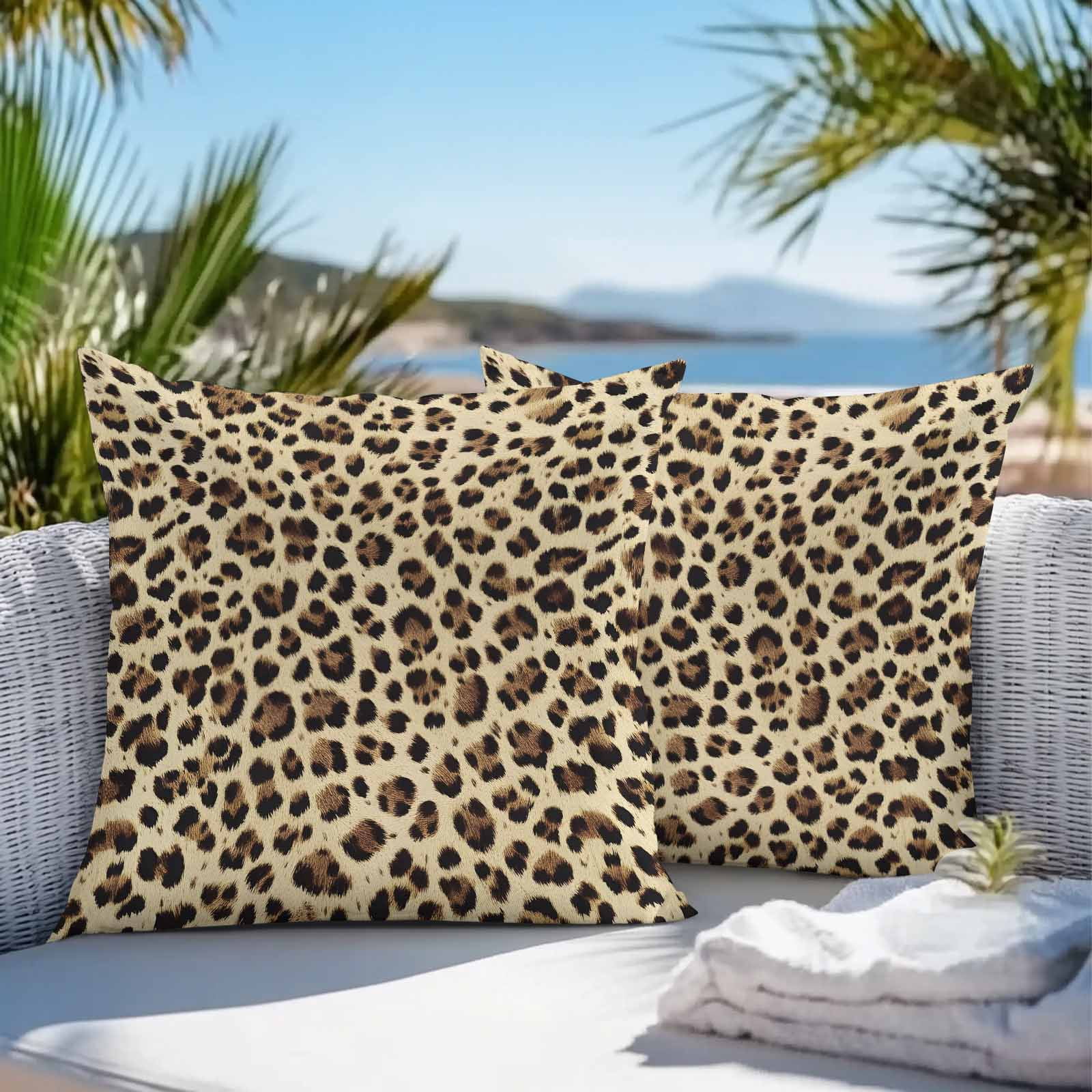 Leopard Printed Waterproof Outdoor Pillow Covers 16''x16'' Set of 2, Patio Furniture Cushion Covers for Chairs, Modern Animal Fur Patterns Decorative Pillow Cases for Garden/Pool/Beach