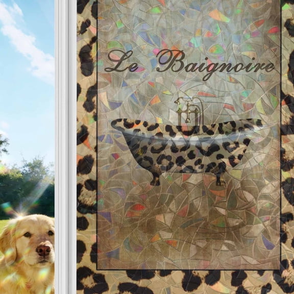 Leopard Printed Window Privacy Film Stain Glass,Reusable Decorative Rainbow Window Film,Funny Animals Textured Bathtubs Static Cling Sun Blocking Stickers Decals Covers 19.6" x 39.3" (2pcs)
