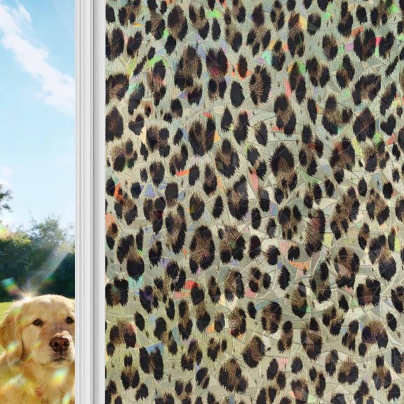 Leopard Printed Window Privacy Film Stain Glass, Reusable Decorative Rainbow Window Film, Modern Animal Fur Patterns Non-Adhesive Static Cling Sun Blocking Stickers Decals Covers 17.7" x 39.3" (2pcs)