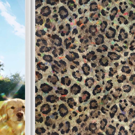 Leopard Printed Window Privacy Film Stain Glass,Reusable Decorative Rainbow Window Film,Modern Animals Textured Brown Static Cling Sun Blocking Stickers Decals Covers 23.6" x 78.7" (2pcs)