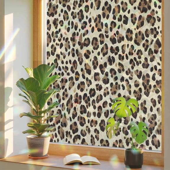 Leopard Privacy Window Film, Decorative Stained Glass Window Film, Rustic Brown Animals Art Modern Resuable Rainbow Static Cling for Home Bathroom Living Room Glass Door 23.6"x59"