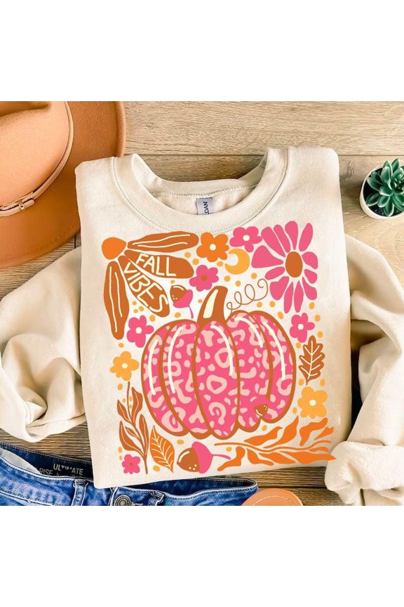 Leopard Pumpkin Floral Fall Sweater, Retro Hand Drawn Thanksgiving Autumn Sweatshirt