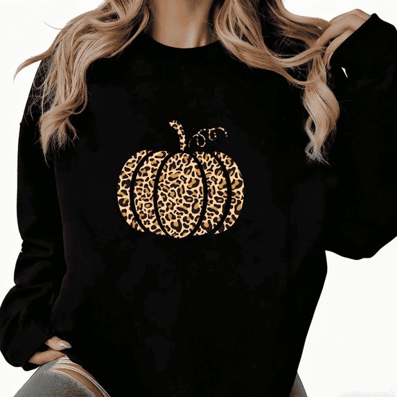 Leopard Pumpkin Graphic Tee T-Shirt Print Top Fashion and Comfortable Round-neck long-sleeved Black S-3XL