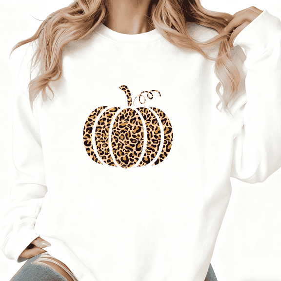 Leopard Pumpkin Graphic Comfortable Breathable Tee T-Shirt Print Top Round-neck long-sleeved white S-3XL