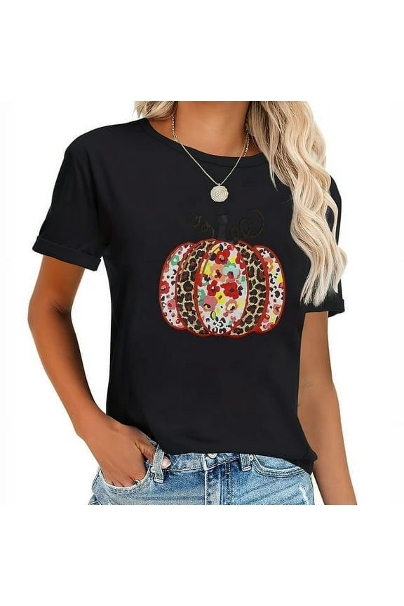 Leopard Pumpkin Shirts Women Halloween Thanksgiving T-Shirts Funny Cute Graphic Tee Fall Gift Short Sleeve Tops