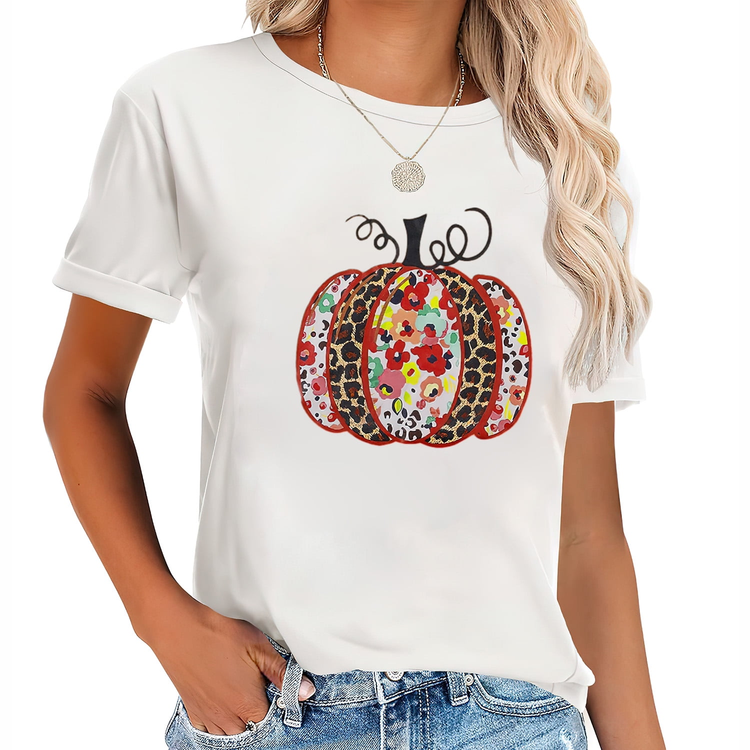 Womens Halloween Leopard Print Pumpkin Print Casual V Neck T Shirt main image 1