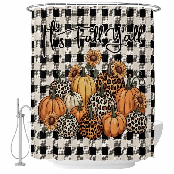 Leopard Pumpkin Shower Curtain, Waterproof Shower Curtains for Bathroom, Fall Thanksgiving Sunflower Black Plaid Beige Washable Fabric Bathtub Curtain Set Bath Decor with 12 Hooks 48"x72"