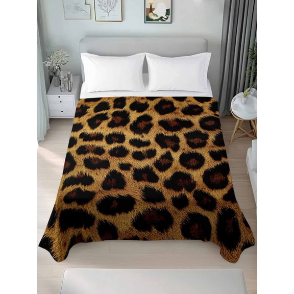 Leopard Queen Size Flat Sheet, Wrinkleproof & Fadeproof Cooling Flat Bed Sheet Only, Brown Vintage Leopard Print Breathable Soft Bedding Top Sheets 90 x 102 Inches
