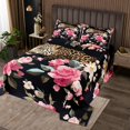 thumbnail image 1 of Leopard Queen Size Wild Cheetah Animal Brown Leopard Print Quilted 3 Pieces Coverlet Set with 2 Pillowcases Watercolor Pink Roses Garden Flowers Bedding Quilt for Room Decor, 1 of 4