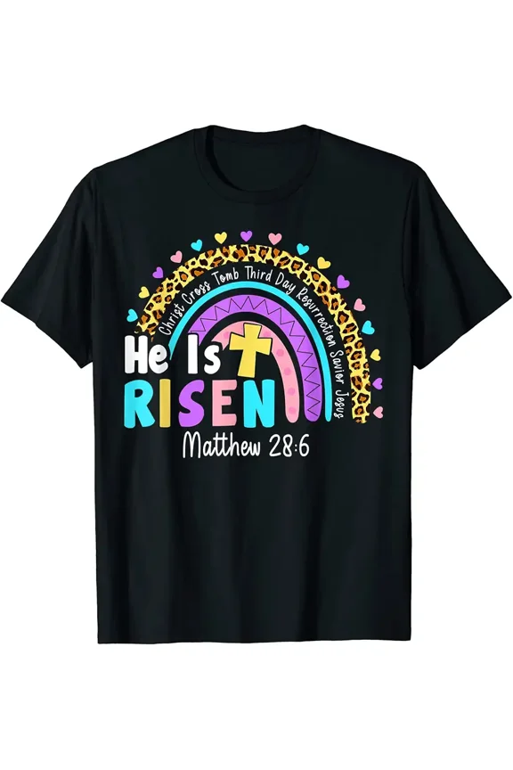 Leopard Rainbow Easter He Is Risen Happy Easter Christian T-Shirt