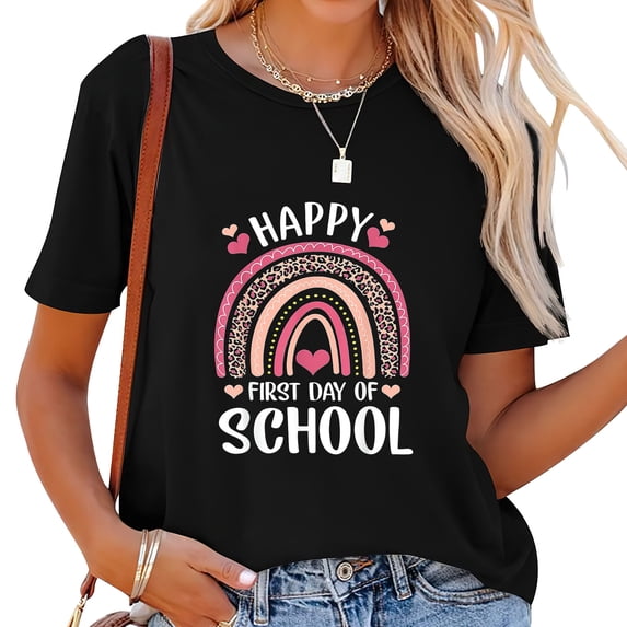 Leopard Rainbow Happy First Day Of School Teacher Girls T-Shirt