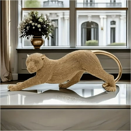 Leopard Resin Sculpture - Elegant Beaded Design for TV Stand & Office Decor, Luxury Fengshui Home Art Gift cabinet ornament Graceful Beautiful desktop statue