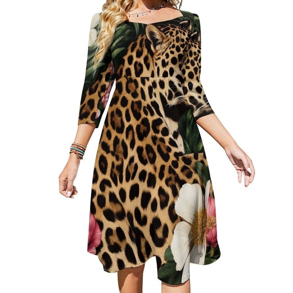 Leopard Rests Lush Tropical Flowers Women's Fall Dresses Casual Loose Flowy Swing Shift Dress