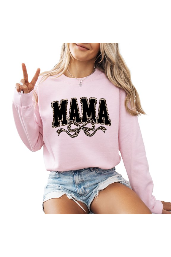 Leopard Ribbon Mama Sweatshirt Women Casual Fall Thanksgiving Season Long Sleeve Graphic Shirts Pullover Tops