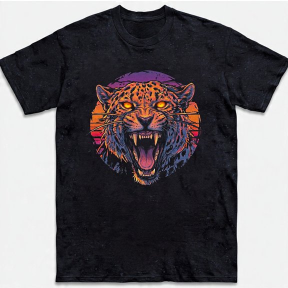 Leopard Roar Synthwave Sunsets Retro Vintage Wild Cat Head Gift Tee