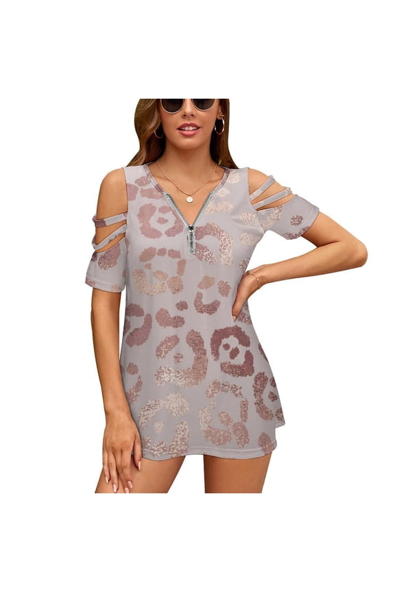 Leopard Rose Gold Texture Womens Summer V Neck Zipper Top Short Sleeve T Shirt Off Shoulder Top Casual Classy Loose Shirts