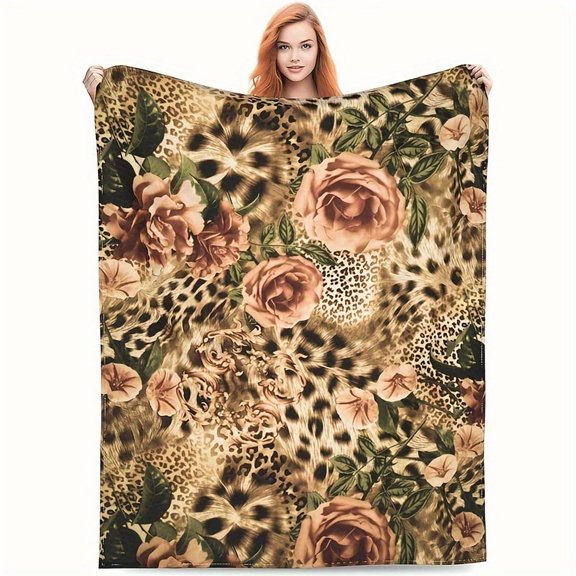 [Leopard Rose Print Throw Blanket] Creative Leopard and Rose Print Soft Fleece Throw Blanket - Perfect for All Seasons