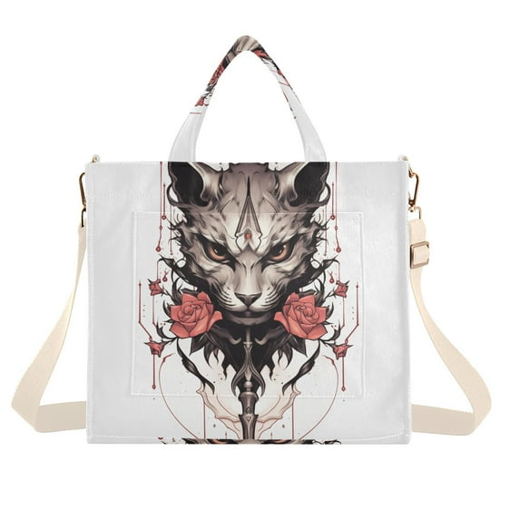 Leopard Roses Sword Corduroy Tote Bag Handbag Large Messenger Bag Shoulder Crossbody Zipper Bag Purse