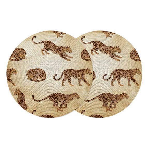 Leopard Round 13 Inch Placemats Set of 2, Vintage Primitive Animals HeatResistant Non Slip Place Mats for Dining Table, Wipeable Braided Kitchen Table Mats for Housewarming