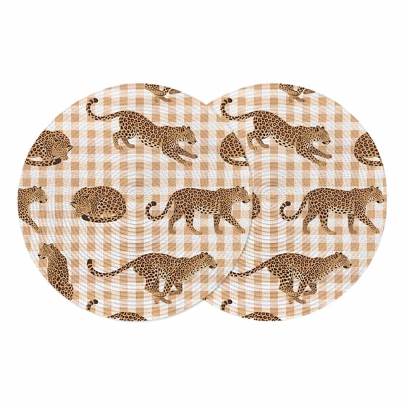 Leopard Round 13 Inch Placemats Set of 2, Vintage Primitive Animals Orange Plaid HeatResistant Non Slip Place Mats for Dining Table, Wipeable Braided Kitchen Table Mats for Housewarming
