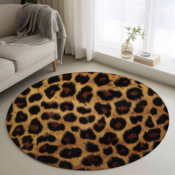 Leopard Round Area Rug 4ft, Brown Vintage Leopard Print Washable Non-Slip Circle Rugs for Bedroom Living Room Kitchen, Soft Non Shedding Circle Carpet for Dining Room Dorm