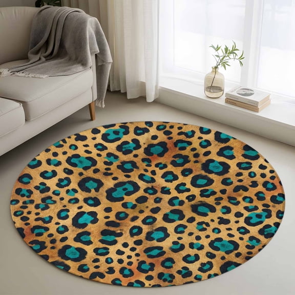 Leopard Round Rugs for Living Room 3ft Brown Leopard Print Accented with Bright Blue Patches Non Slip Circle Rug Washable Low-Profile Indoor Carpet for Bedroom, Dining Room, Bathroom