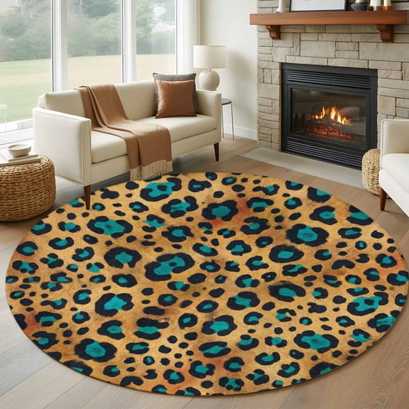 Leopard Round Rugs for Living Room 5ft Brown Leopard Print Accented with Bright Blue Patches Non Slip Circle Rug Washable Low-Profile Indoor Carpet for Bedroom, Dining Room, Bathroom