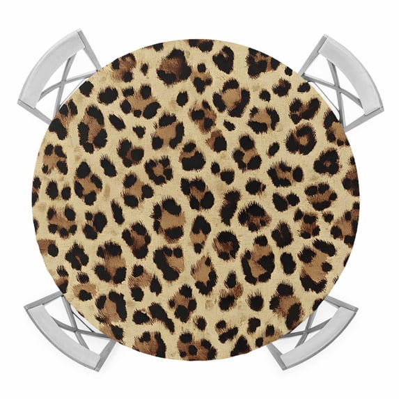 Leopard Round Tablecloth for 36-44 Inch Tables, Fitted Table Cover with Elastic Edge, Farmhouse Brown Animals Art Modern Waterproof Outdoor Table Cloth Protector for Patio Garden Dinner Picnic