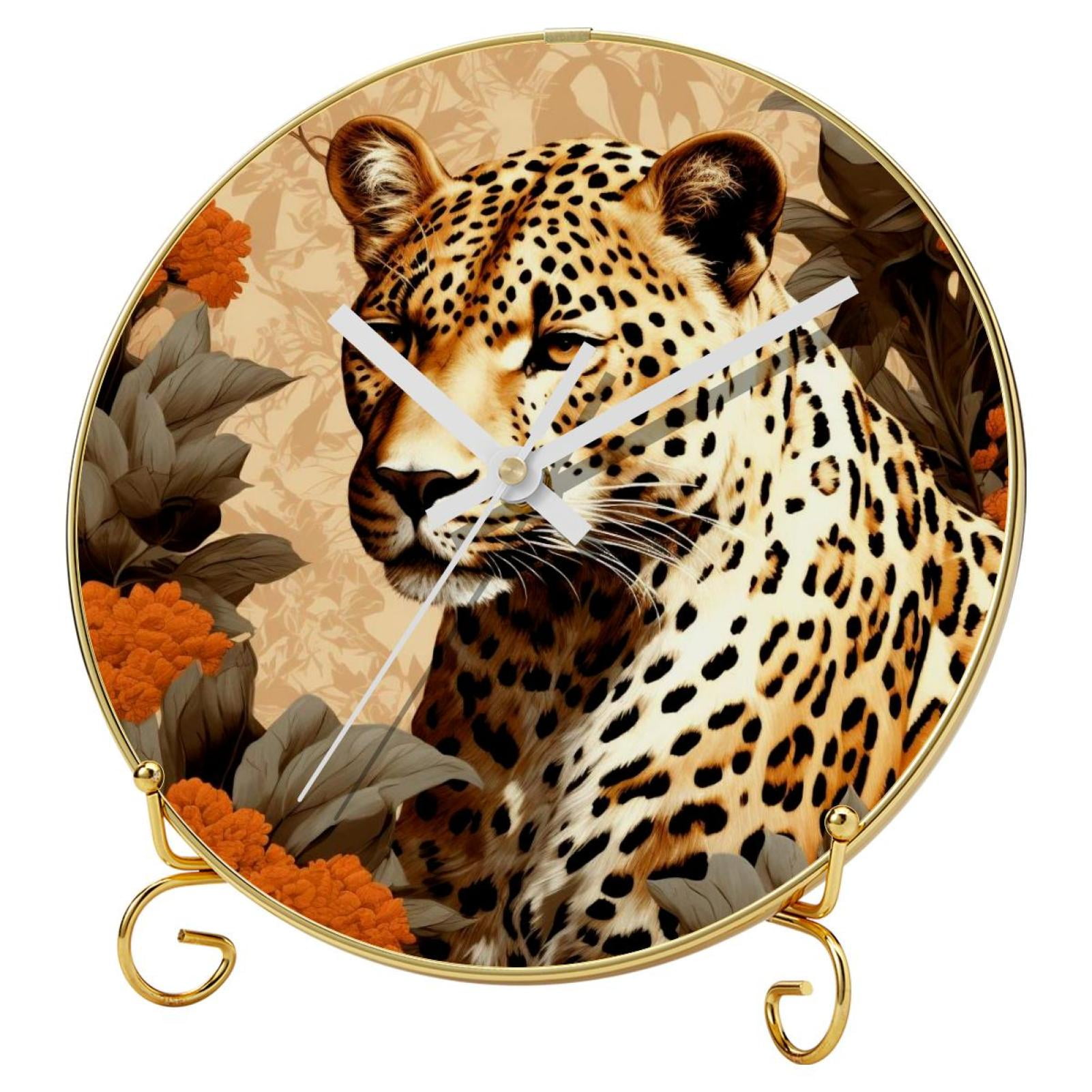 Leopard Round Wall Clocks with Hooks and Gold Stand, Silent NonTicking