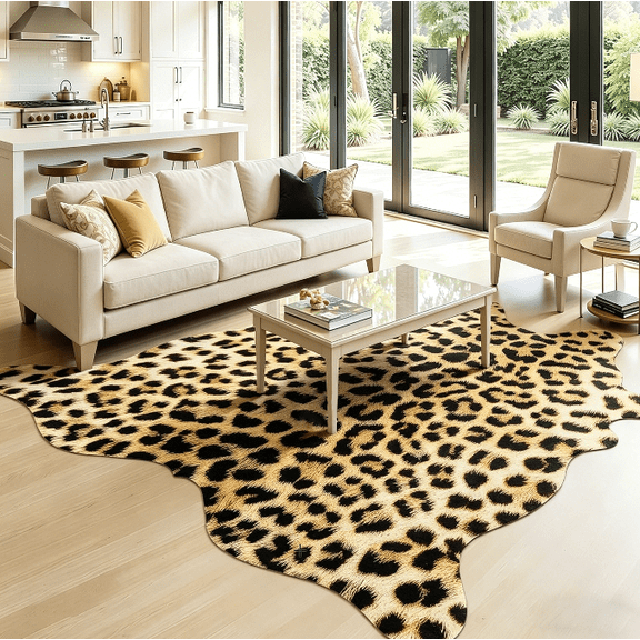 Leopard Rug 5.2 x 6.2 Feet, Premium Animal Skin Cheetah Hide Rug, Sturdy Cheetah Print Rugs for Wall Decor, Western Floor Carpet Decor for Bedroom Living Room, Black and Gold