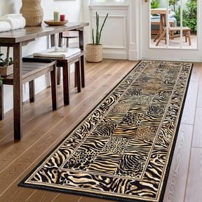 Leopard Runner Rug 2x8, Soft Leopard Patchwork Print, Washable Non-Slip, Low Pile, Hallway Runner for Bedroom, Kitchen, Laundry, Brown